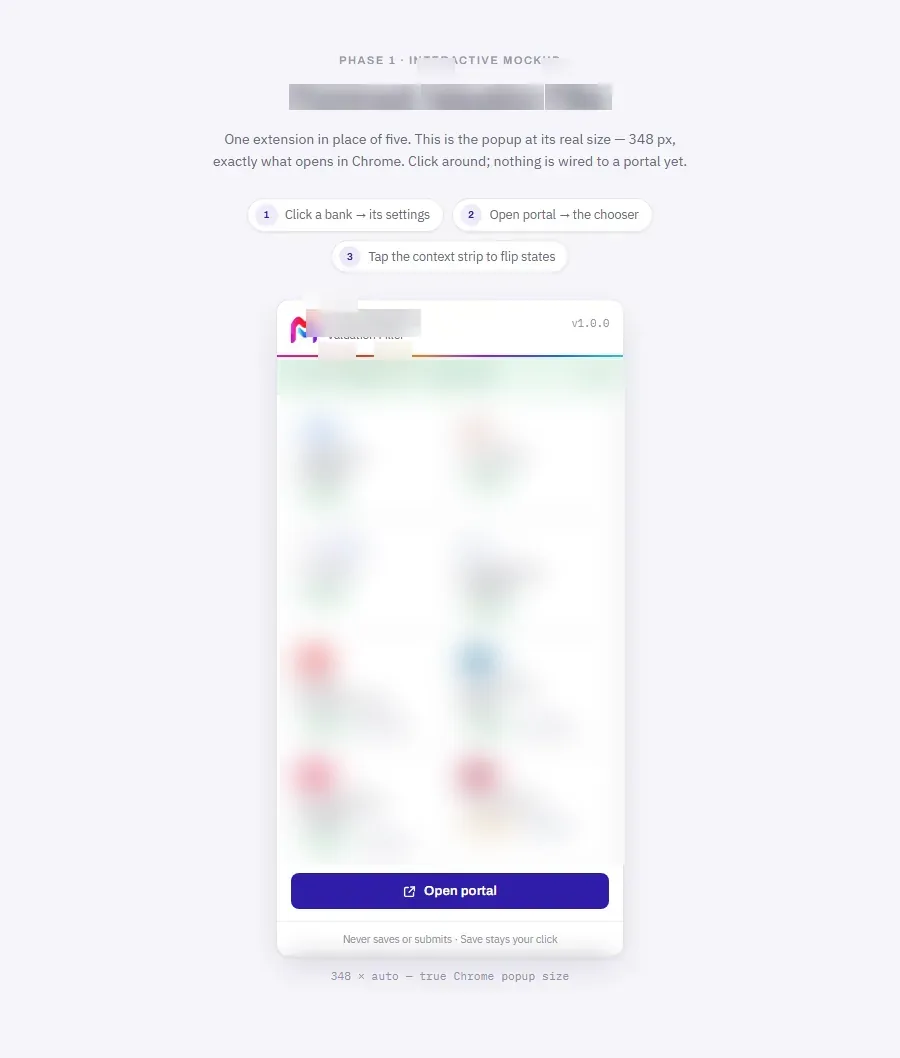 Extension popup with one tile per portal