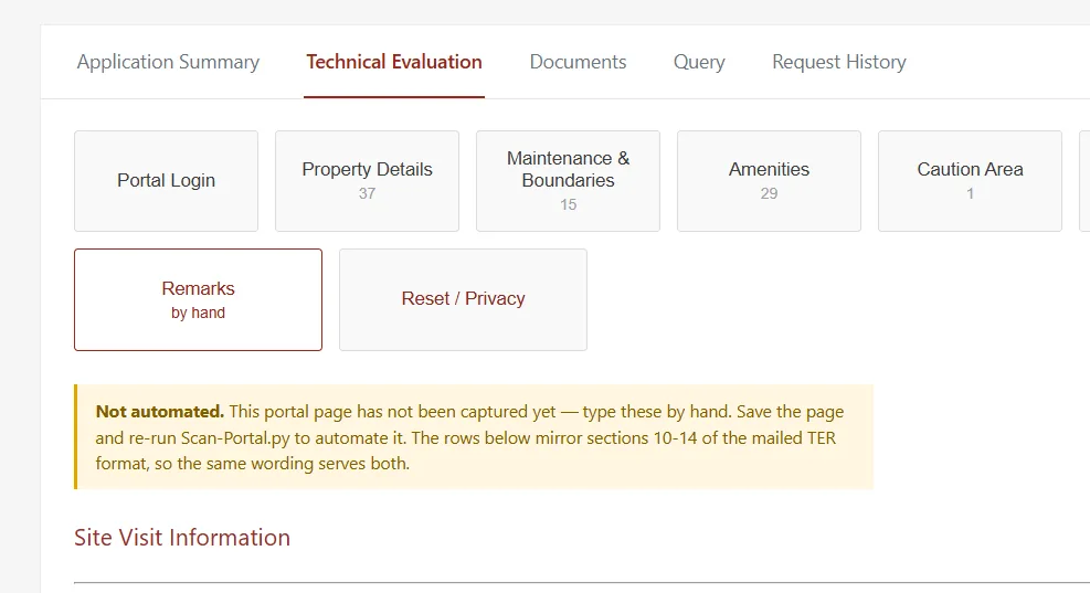 Section-by-section fill panel on a portal